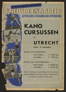 735003 Affiche van de afdeling Arbeid en Vreugde van het Nederlands Arbeidersfront die kanocursussen organiseerde te Utrecht.
